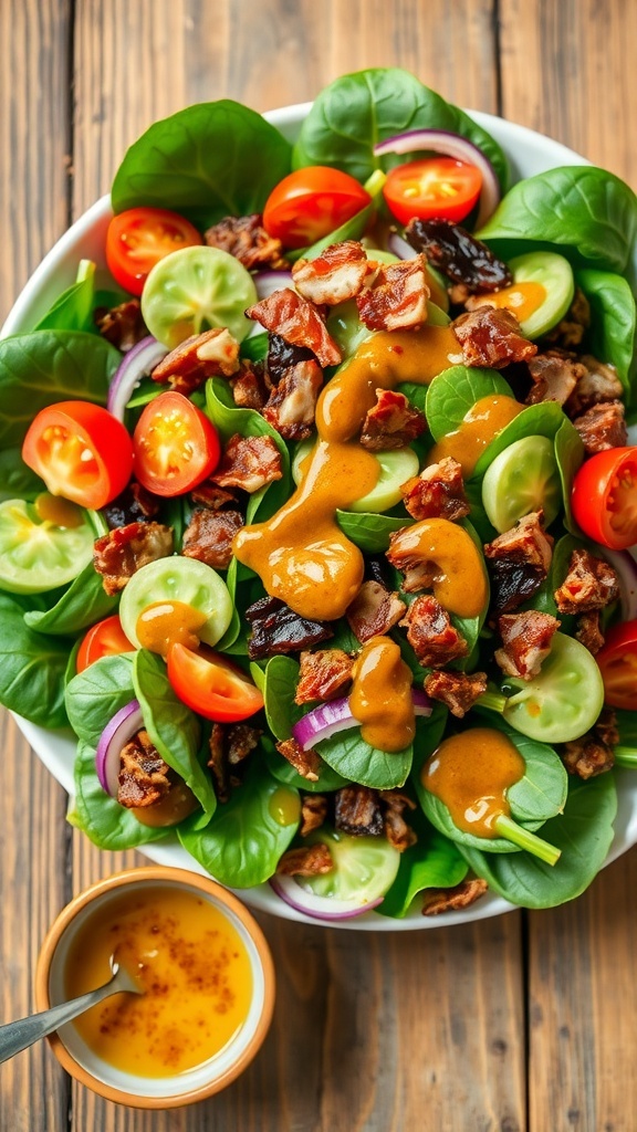 A fresh spinach salad with bacon vinaigrette, topped with crispy bacon, cherry tomatoes, and red onions.